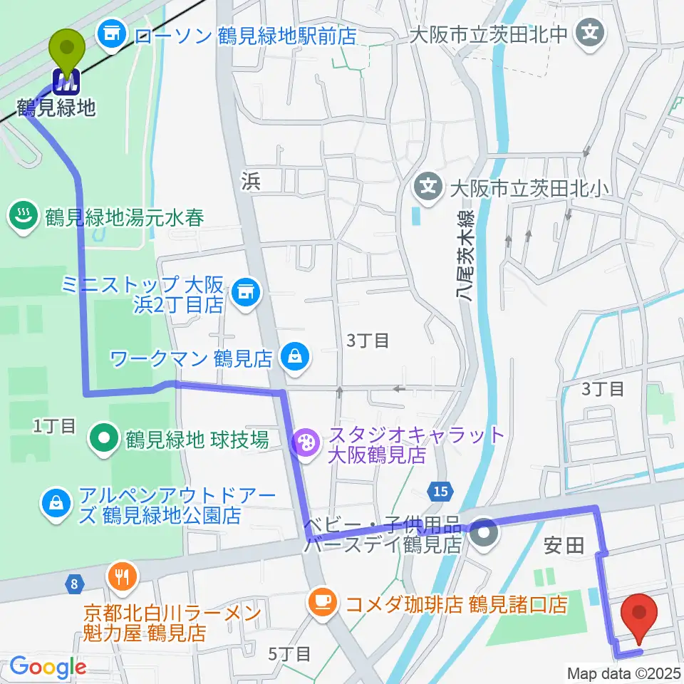 鶴見緑地駅からあゆみ音楽教室へのルートマップ地図