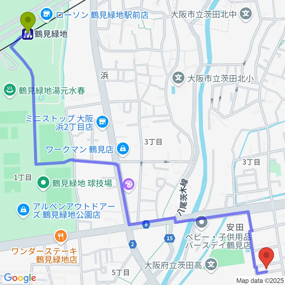 鶴見緑地駅からあゆみ音楽教室へのルートマップ地図