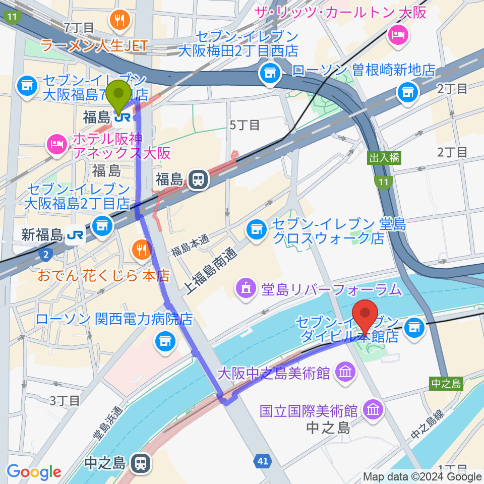 福島駅からソウルバードミュージックスクール大阪本校へのルートマップ地図