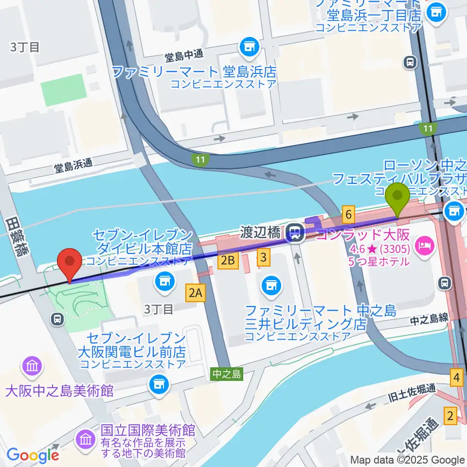 ソウルバードミュージックスクール大阪本校の最寄駅渡辺橋駅からの徒歩ルート（約6分）地図