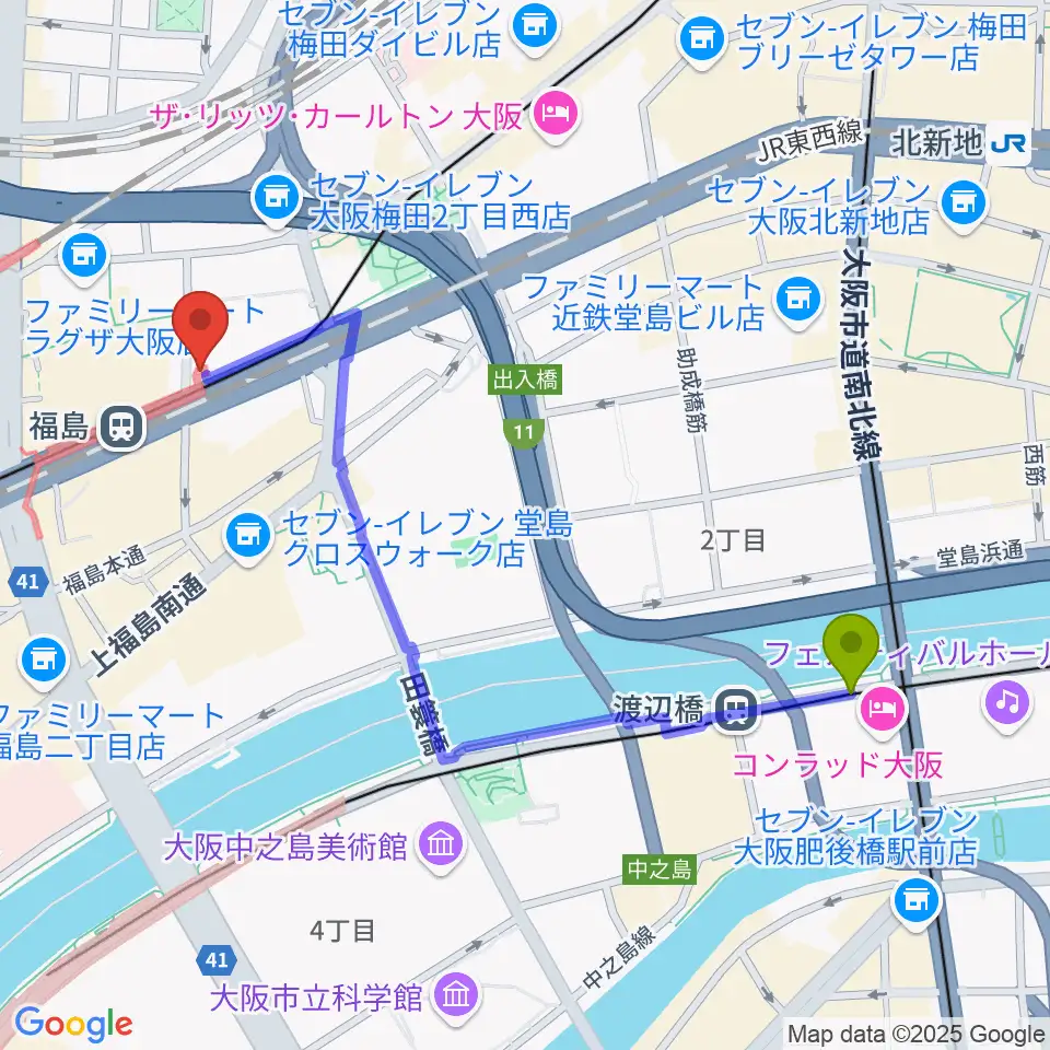 渡辺橋駅からソウルバードミュージックスクール大阪本校へのルートマップ地図
