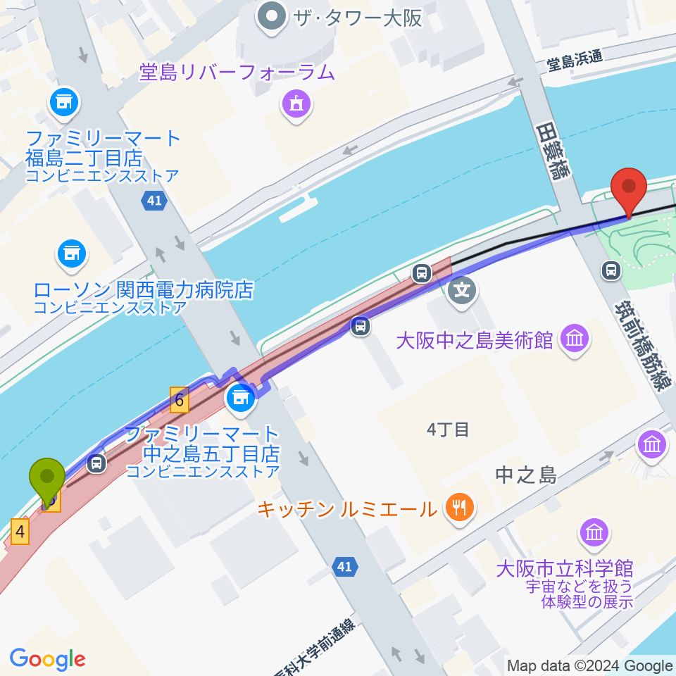 中之島駅からソウルバードミュージックスクール大阪本校へのルートマップ地図
