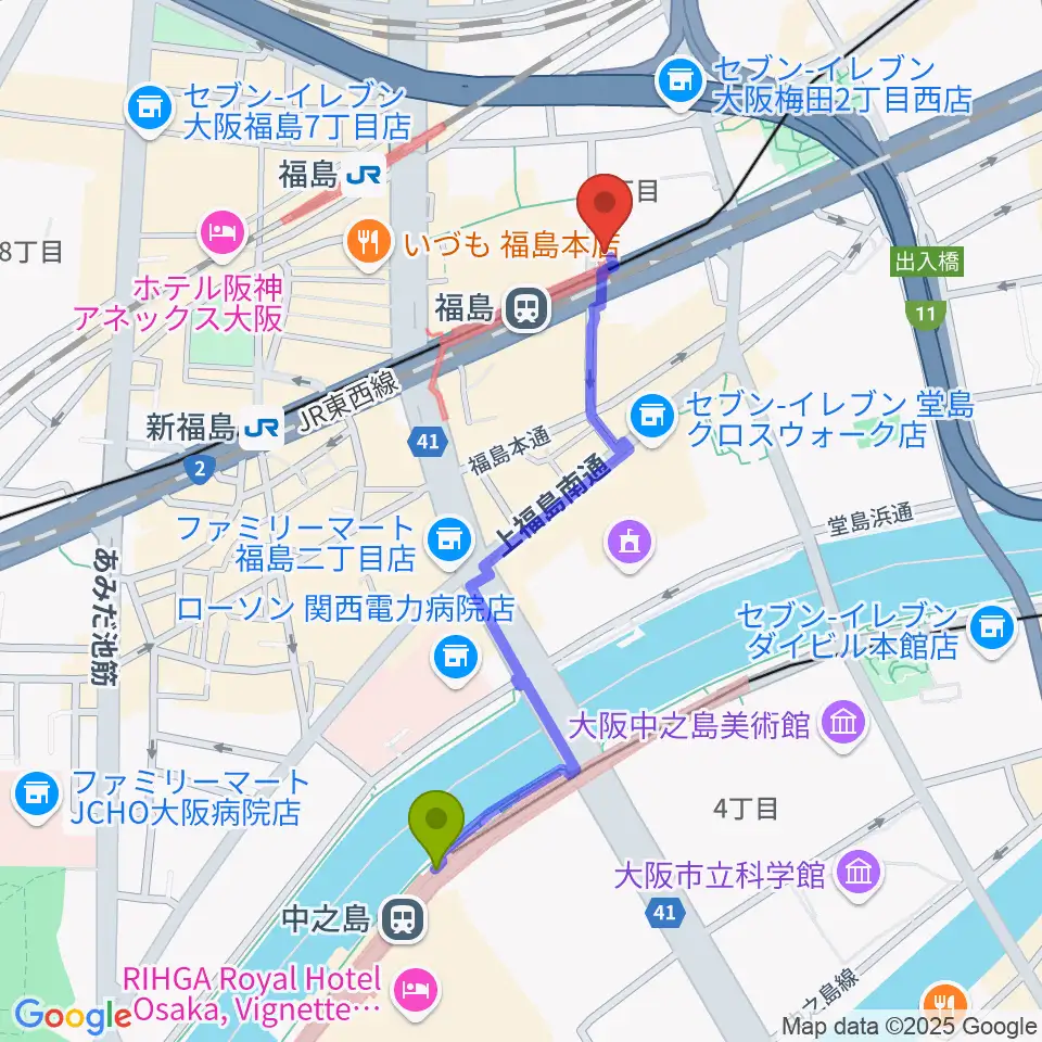 中之島駅からソウルバードミュージックスクール大阪本校へのルートマップ地図