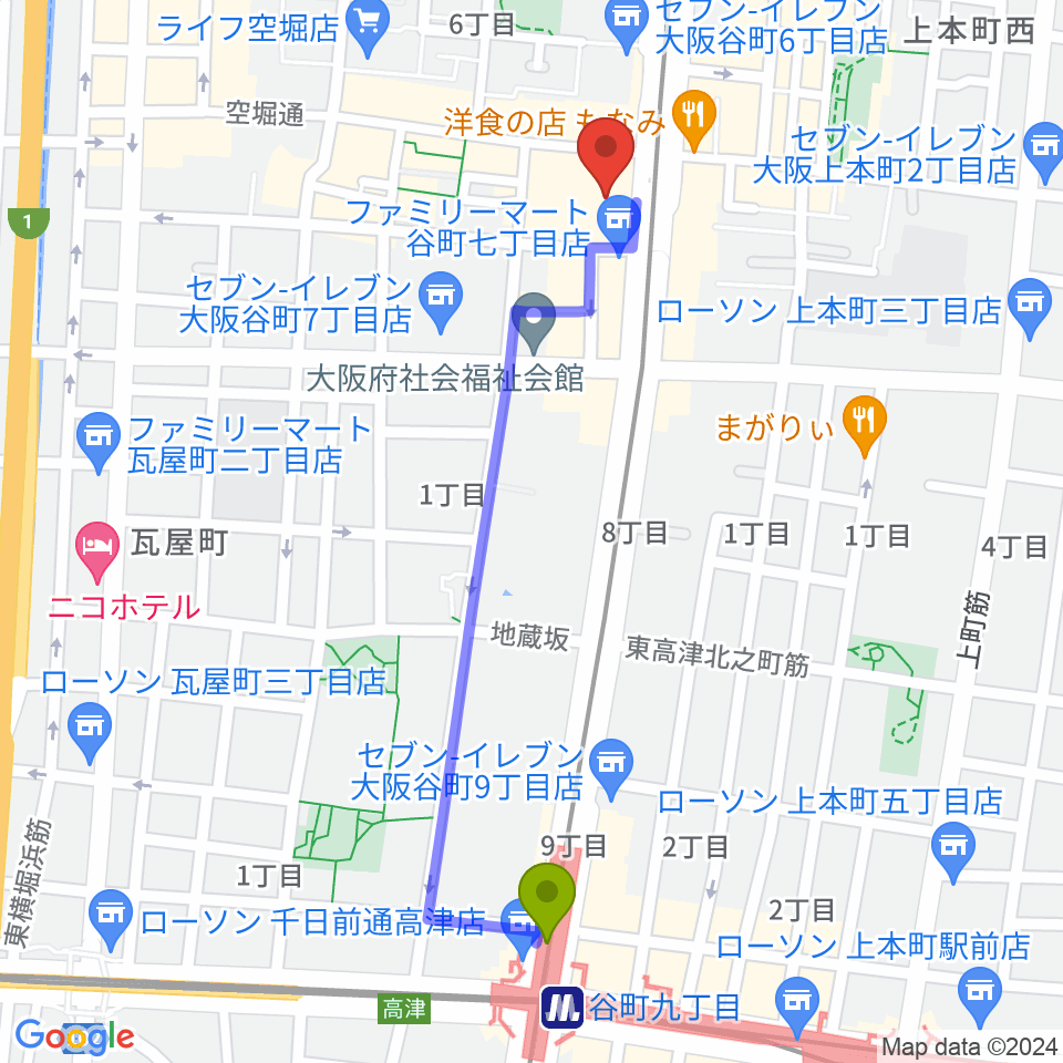 谷町九丁目駅からさくらピアノ教室・ヴァイオリン教室へのルートマップ地図