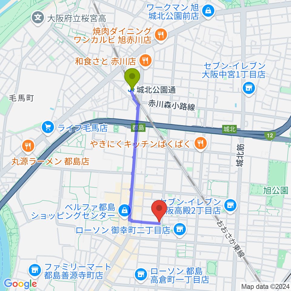 都島ミューズランド音楽教室の最寄駅城北公園通駅からの徒歩ルート（約14分）地図