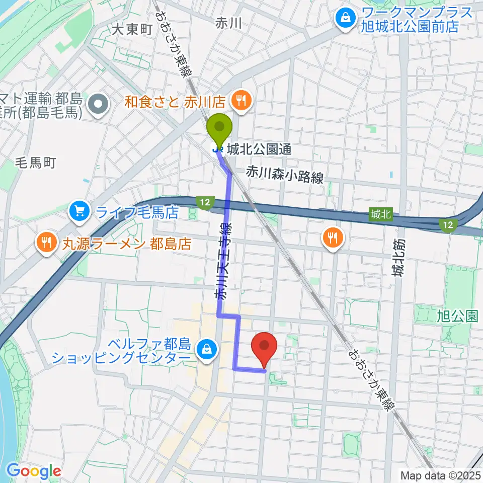 都島ミューズランド音楽教室の最寄駅城北公園通駅からの徒歩ルート（約14分）地図