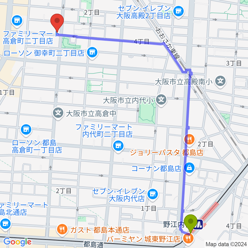 野江内代駅から都島ミューズランド音楽教室へのルートマップ地図