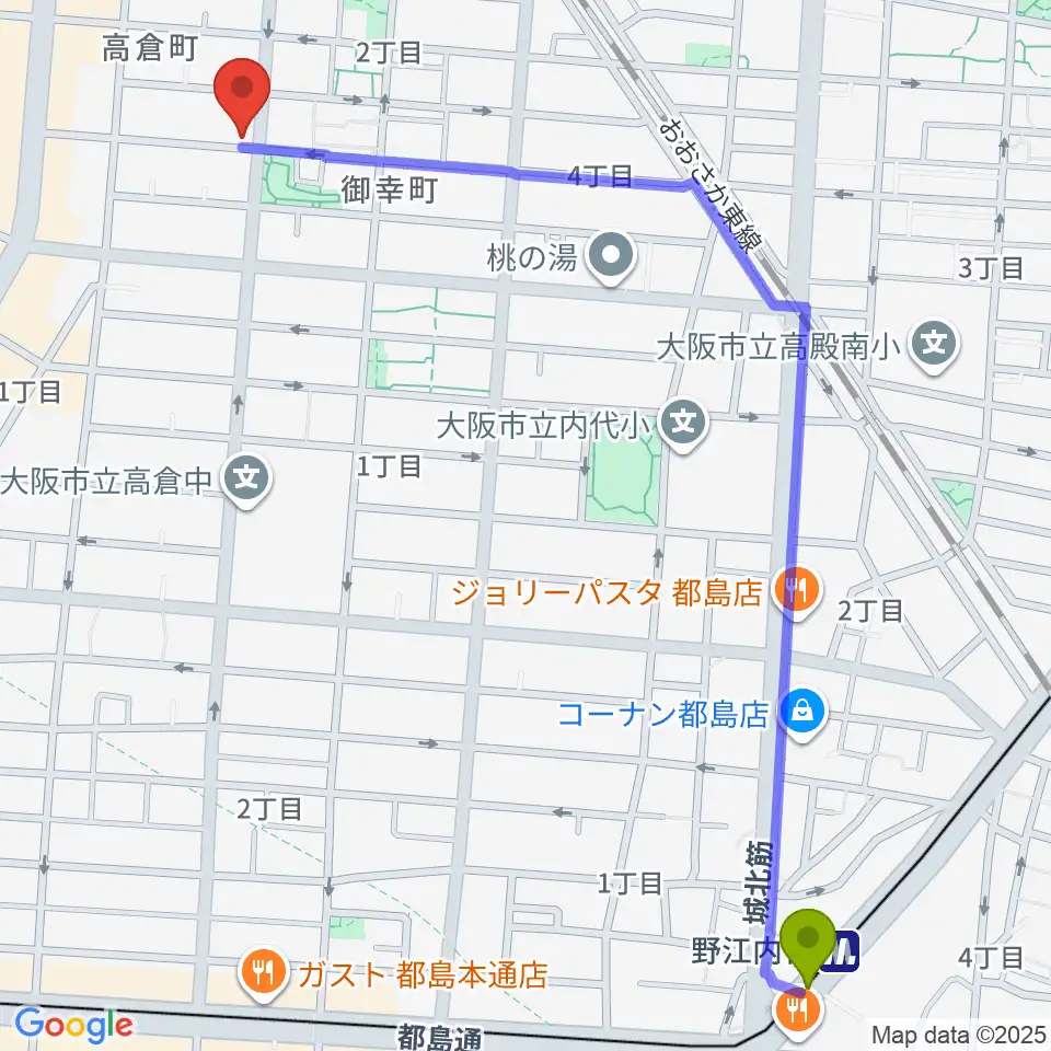 野江内代駅から都島ミューズランド音楽教室へのルートマップ地図