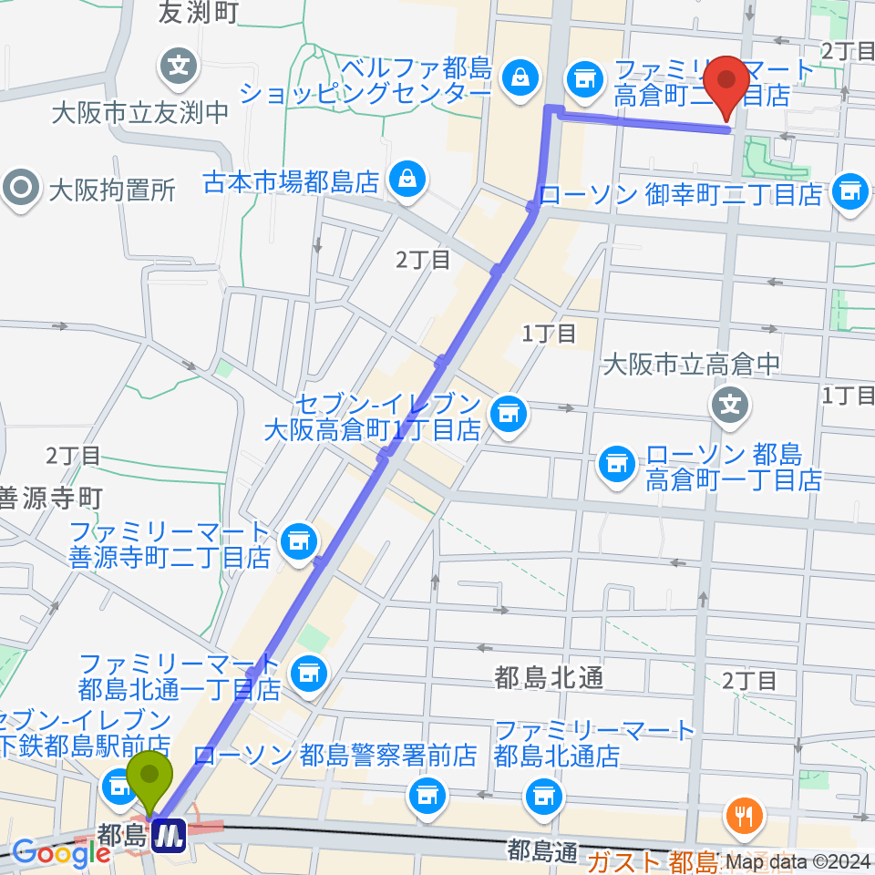 都島駅から都島ミューズランド音楽教室へのルートマップ地図