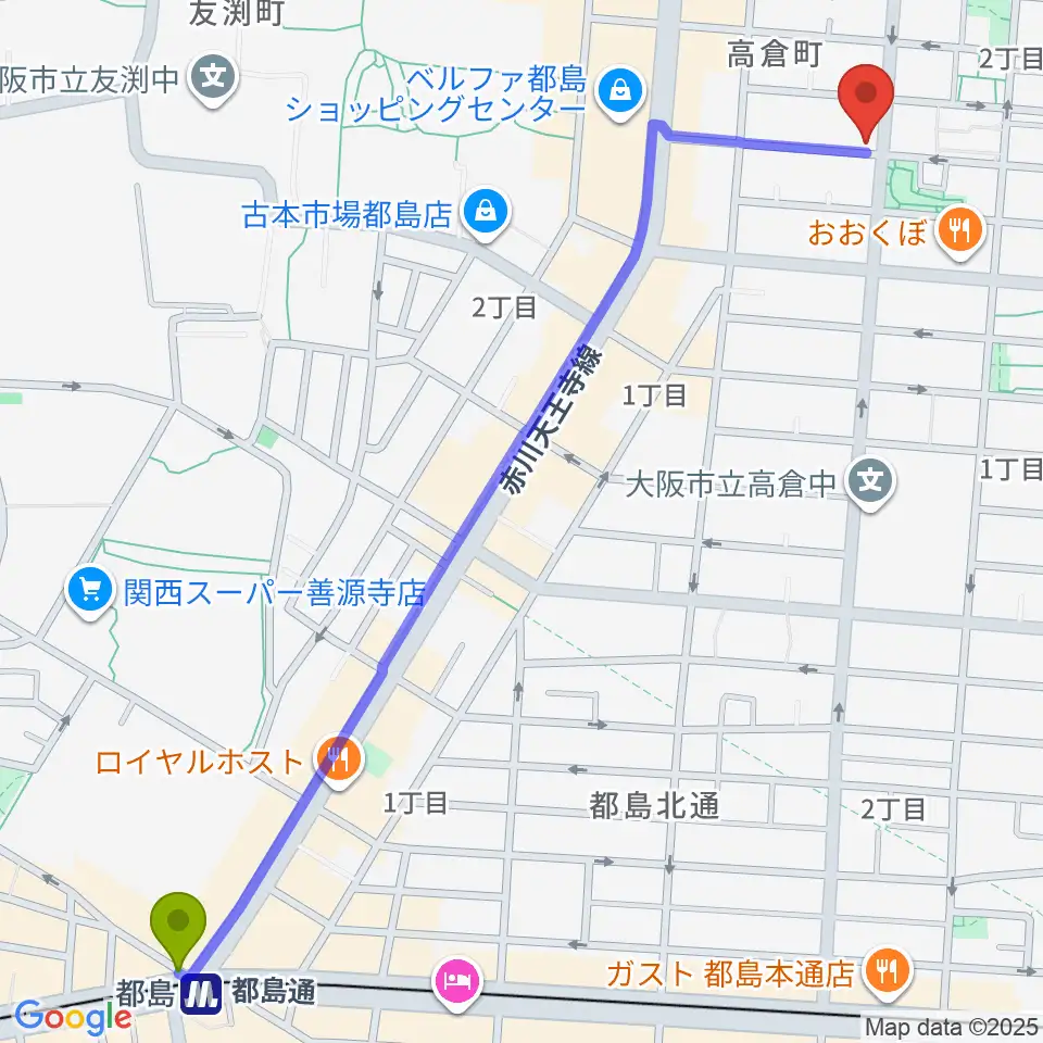 都島駅から都島ミューズランド音楽教室へのルートマップ地図