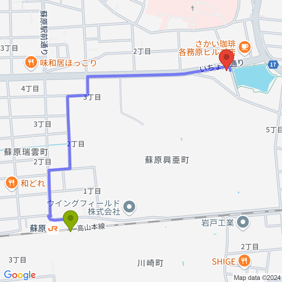 そはら音楽教室の最寄駅蘇原駅からの徒歩ルート（約12分）地図