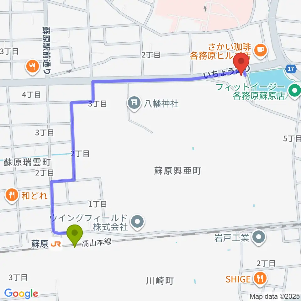 そはら音楽教室の最寄駅蘇原駅からの徒歩ルート（約12分）地図