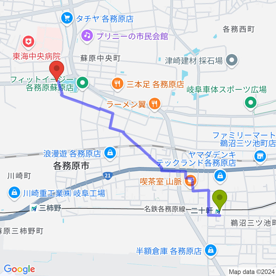 二十軒駅からそはら音楽教室へのルートマップ地図