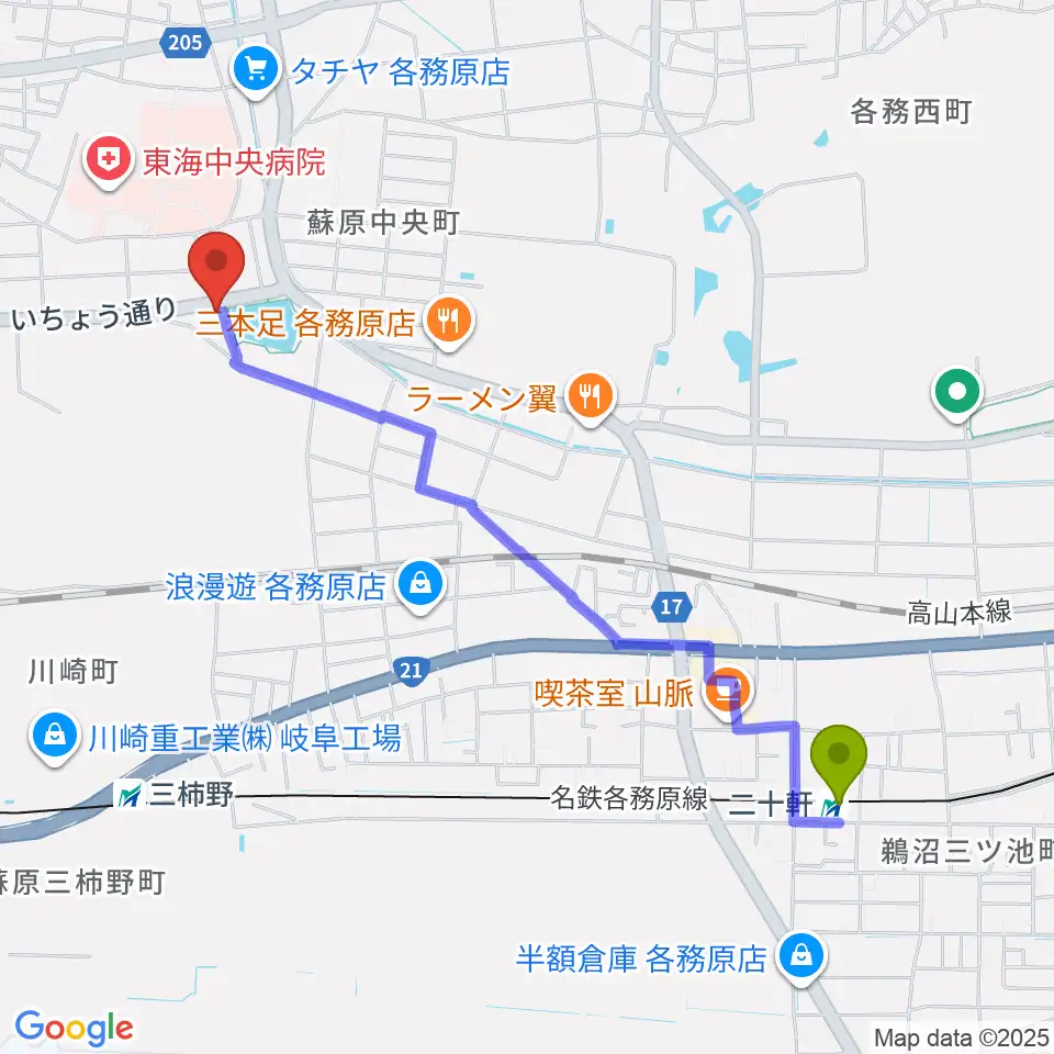 二十軒駅からそはら音楽教室へのルートマップ地図
