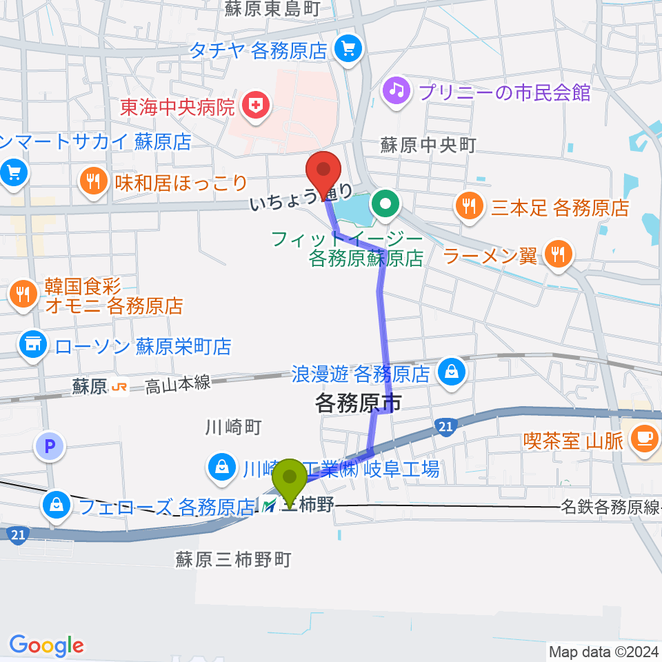 三柿野駅からそはら音楽教室へのルートマップ地図