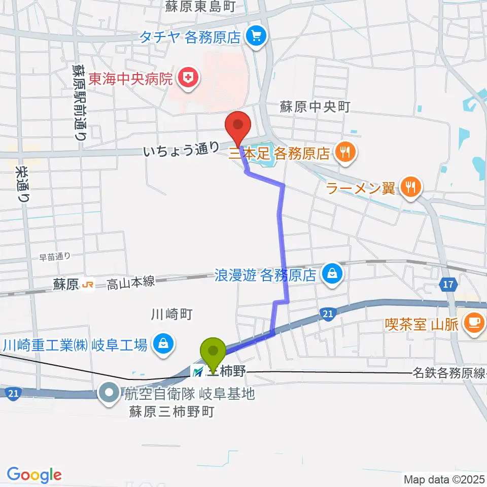 三柿野駅からそはら音楽教室へのルートマップ地図