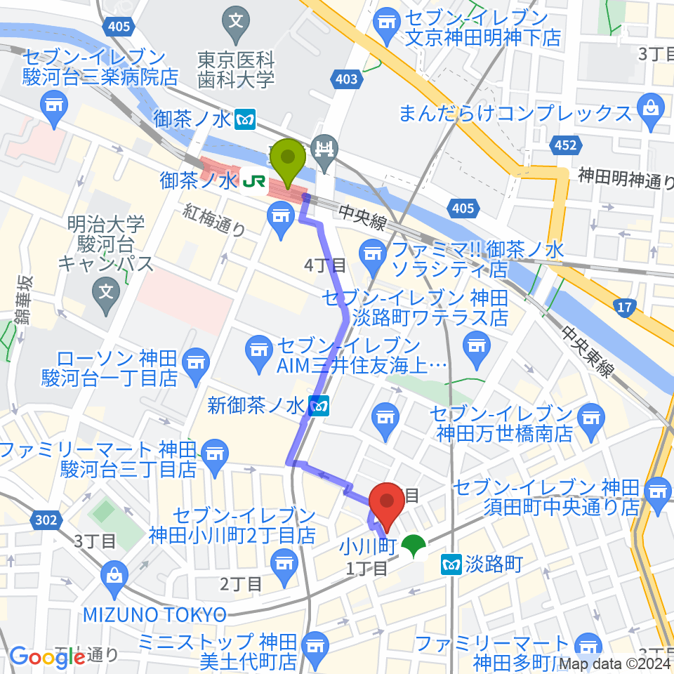 御茶ノ水駅から宮地楽器神田店へのルートマップ地図
