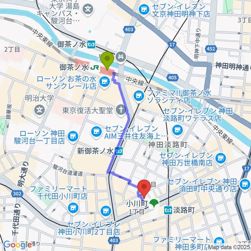 御茶ノ水駅から宮地楽器神田店へのルートマップ地図