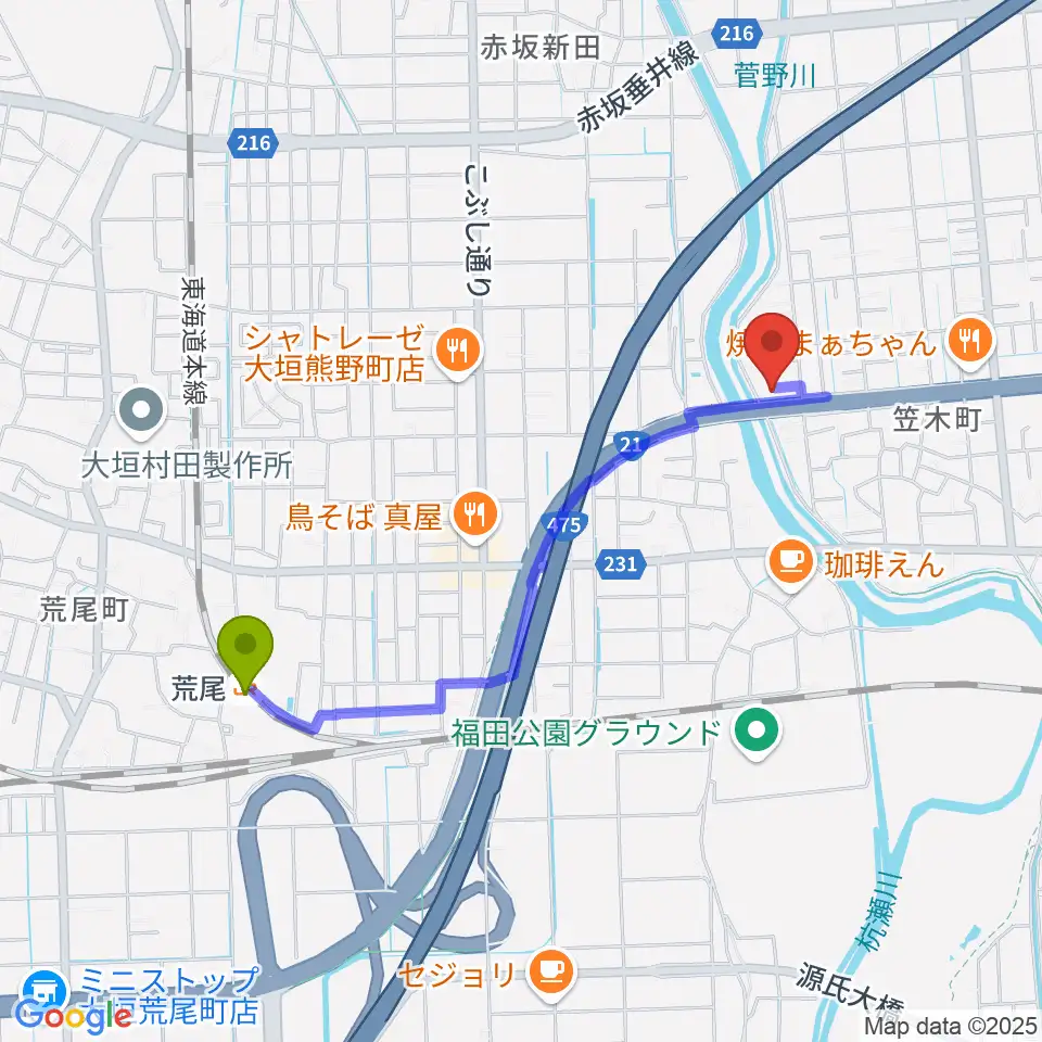 荒尾駅からウィーンミュージックアカデミーへのルートマップ地図