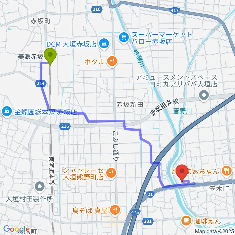 美濃赤坂駅からウィーンミュージックアカデミーへのルートマップ地図