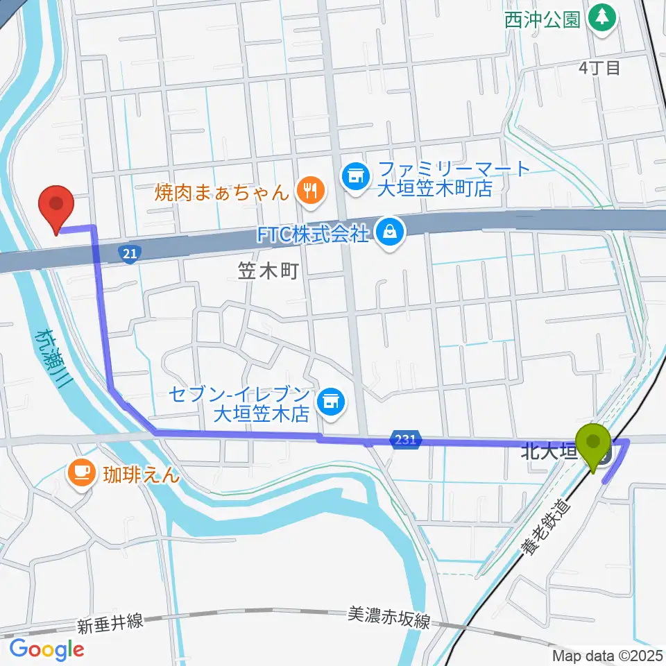 ウィーンミュージックアカデミーの最寄駅北大垣駅からの徒歩ルート（約14分）地図