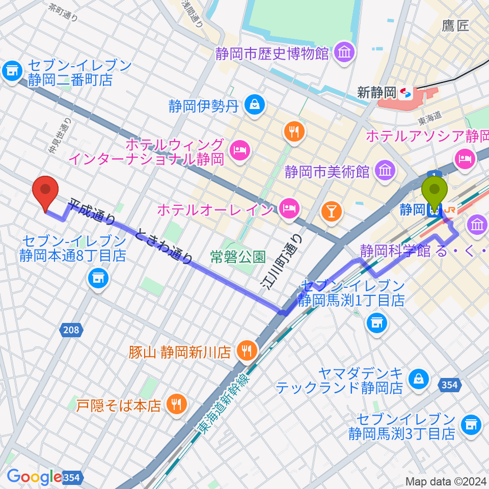 静岡駅から山崎音楽教室 七番町教室へのルートマップ地図