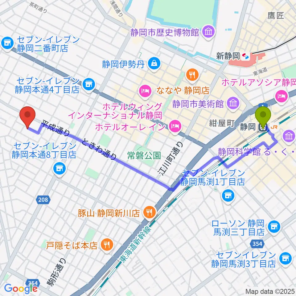 静岡駅から山崎音楽教室 七番町教室へのルートマップ地図