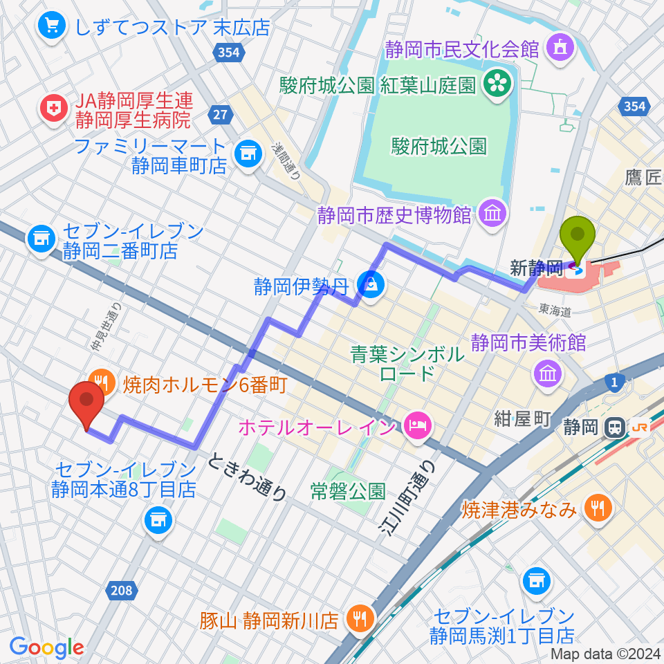 山崎音楽教室 七番町教室の最寄駅新静岡駅からの徒歩ルート（約24分）地図