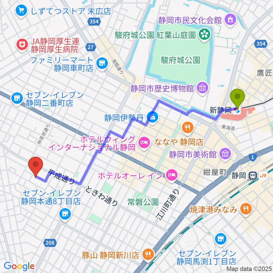 山崎音楽教室 七番町教室の最寄駅新静岡駅からの徒歩ルート（約24分）地図