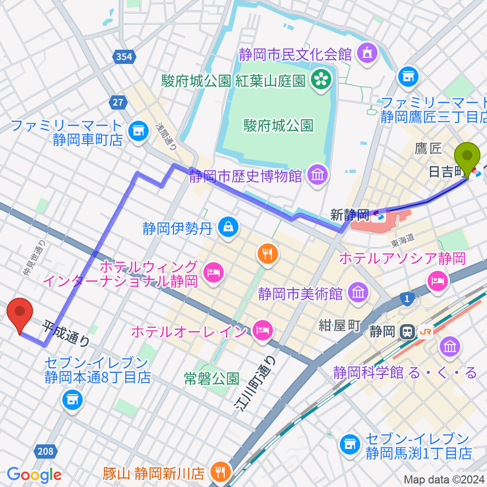 日吉町駅から山崎音楽教室 七番町教室へのルートマップ地図