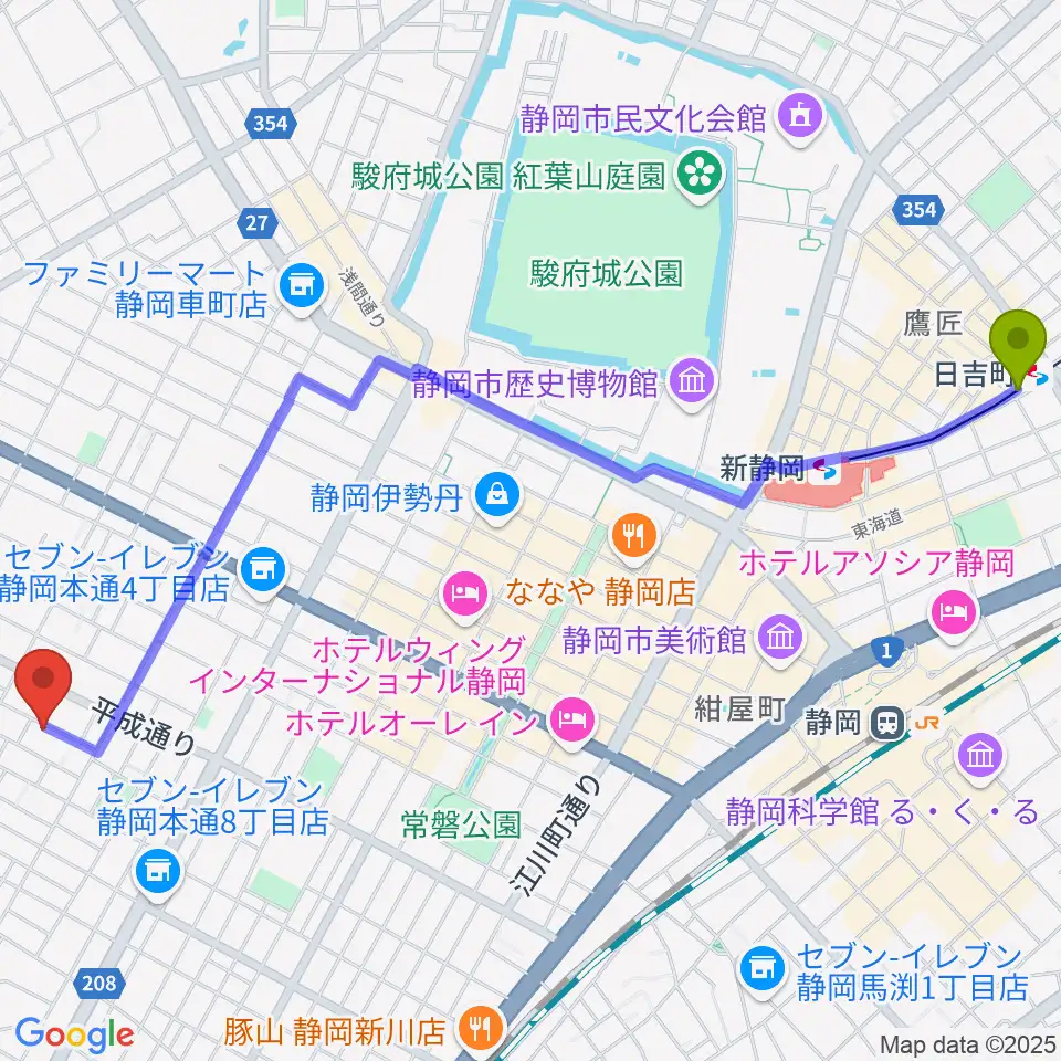 日吉町駅から山崎音楽教室 七番町教室へのルートマップ地図