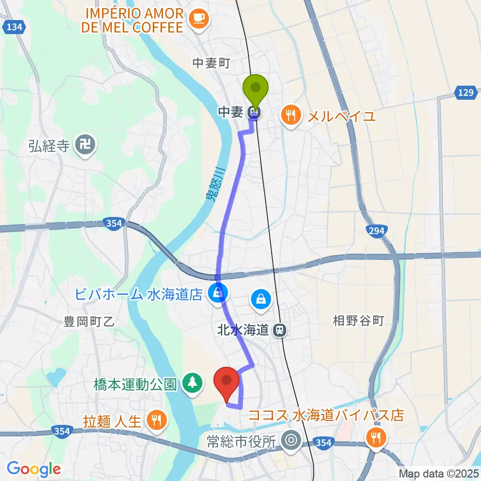 中妻駅からかさはら音楽アトリエへのルートマップ地図