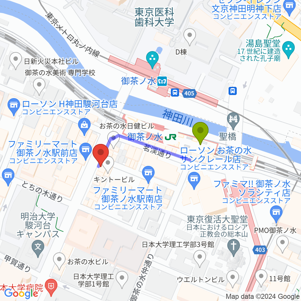 クロサワ楽器お茶の水駅前店の最寄駅御茶ノ水駅からの徒歩ルート（約3分）地図