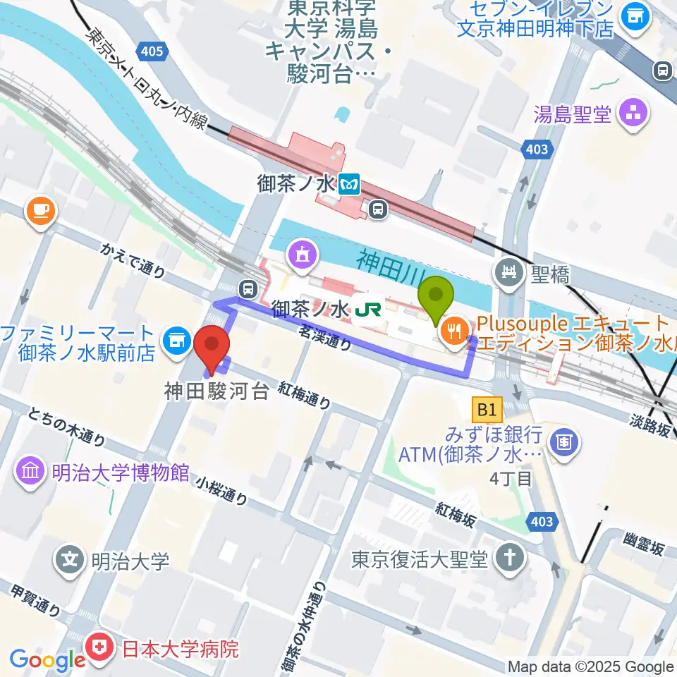 クロサワ楽器お茶の水駅前店の最寄駅御茶ノ水駅からの徒歩ルート（約3分）地図