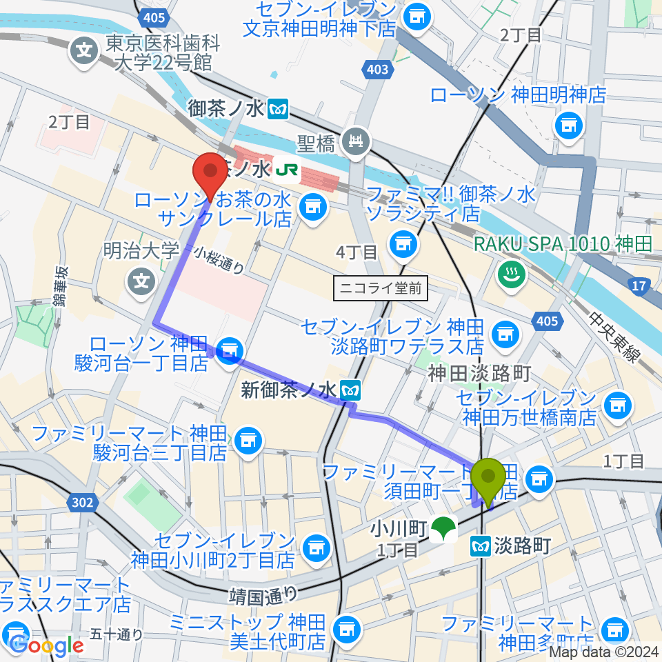 淡路町駅からクロサワ楽器お茶の水駅前店へのルートマップ地図