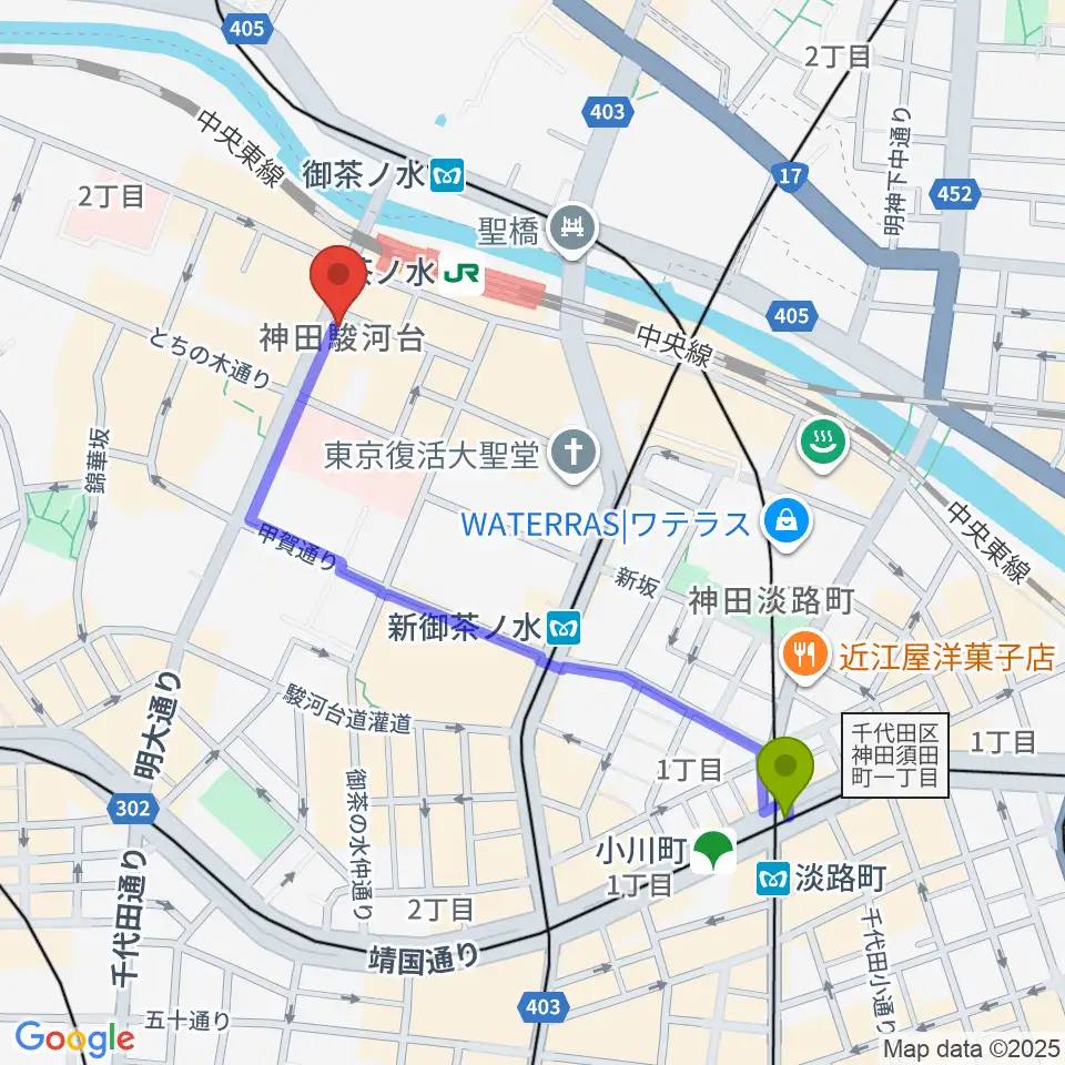 淡路町駅からクロサワ楽器お茶の水駅前店へのルートマップ地図