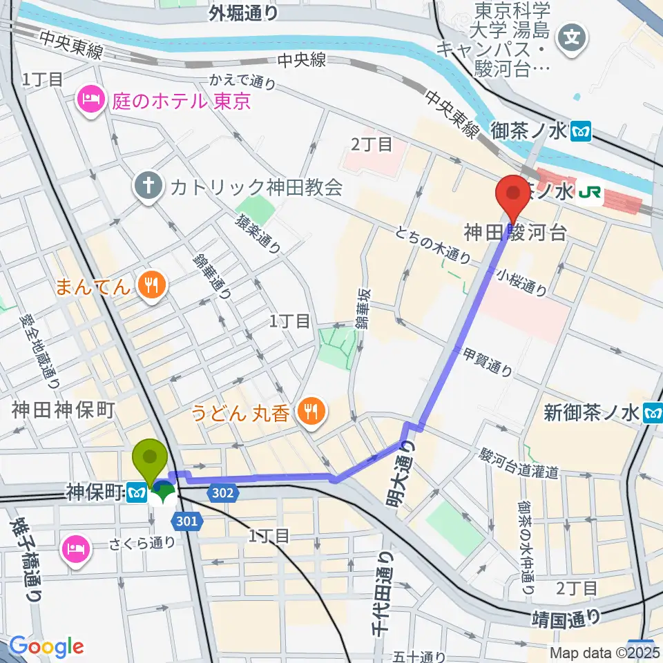 神保町駅からクロサワ楽器お茶の水駅前店へのルートマップ地図