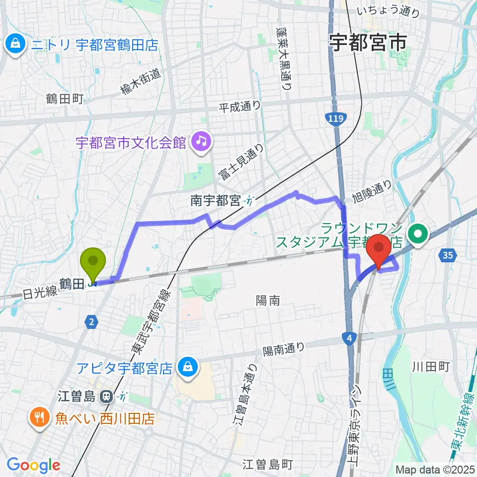 鶴田駅からシーズ・ミュージックスクールへのルートマップ地図