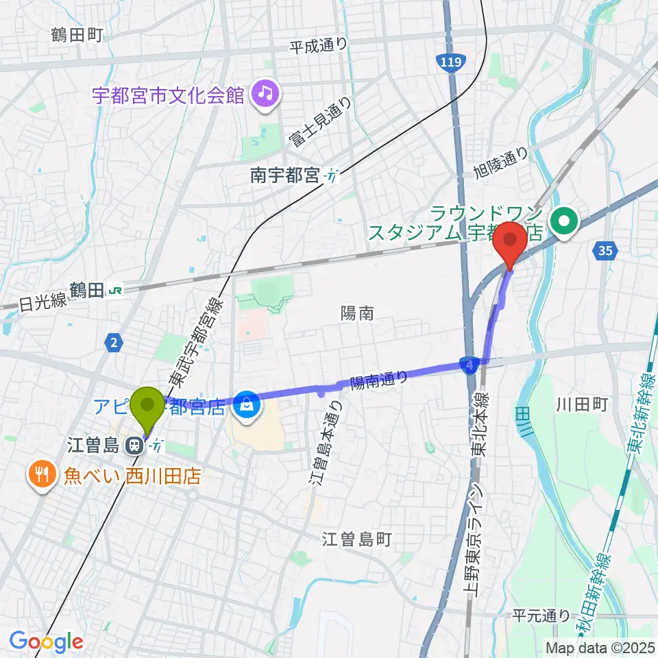 江曽島駅からシーズ・ミュージックスクールへのルートマップ地図