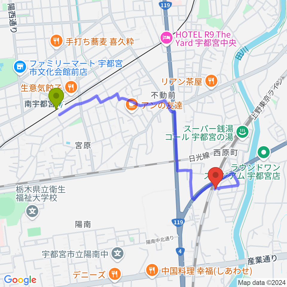 シーズ・ミュージックスクールの最寄駅南宇都宮駅からの徒歩ルート（約19分）地図