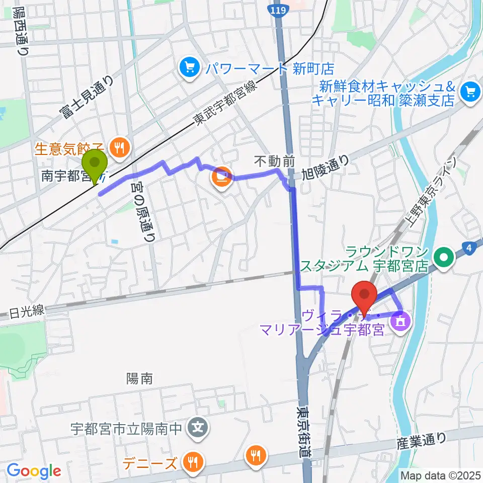 シーズ・ミュージックスクールの最寄駅南宇都宮駅からの徒歩ルート（約19分）地図