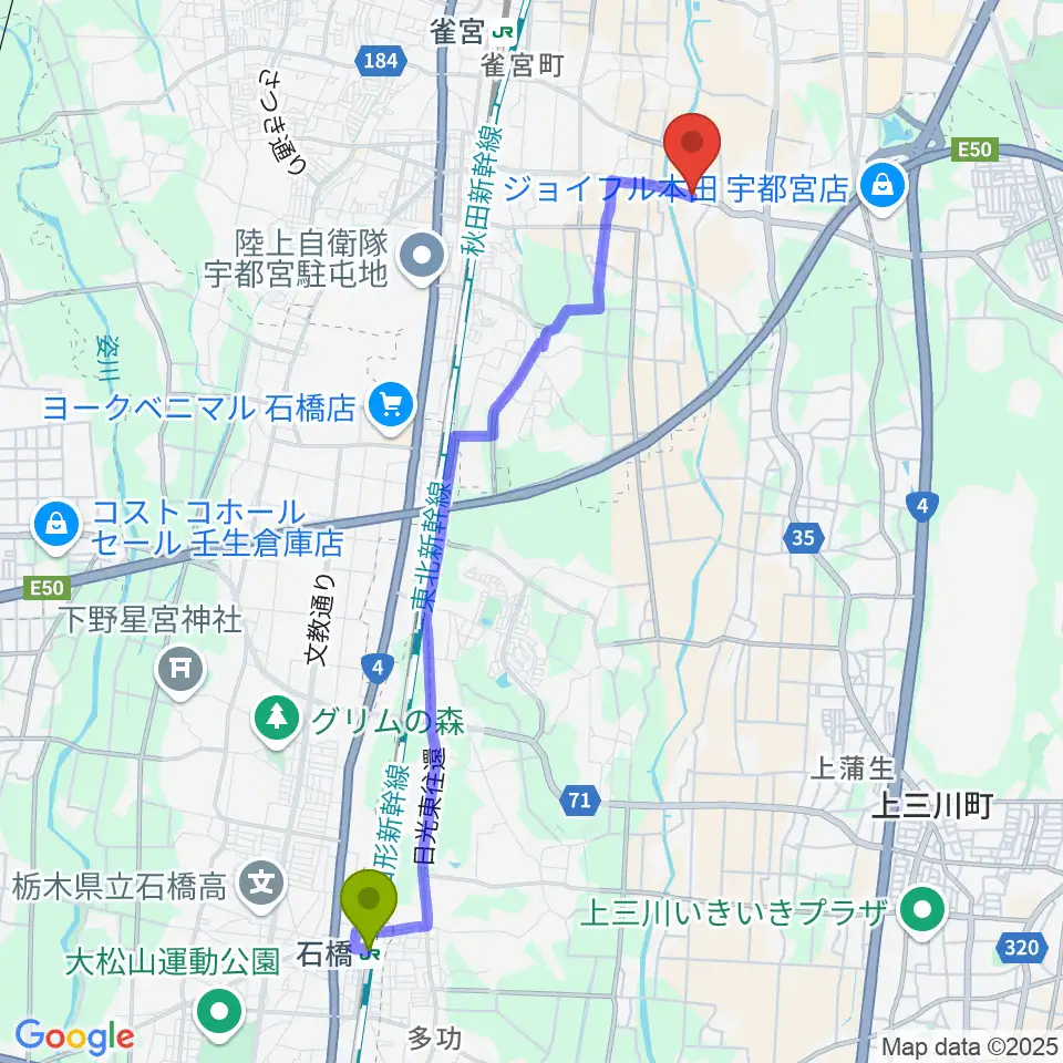 石橋駅からくろねこ音楽教室へのルートマップ地図