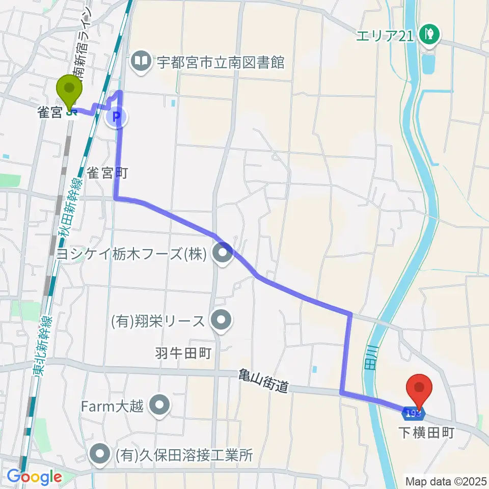 くろねこ音楽教室の最寄駅雀宮駅からの徒歩ルート（約29分）地図