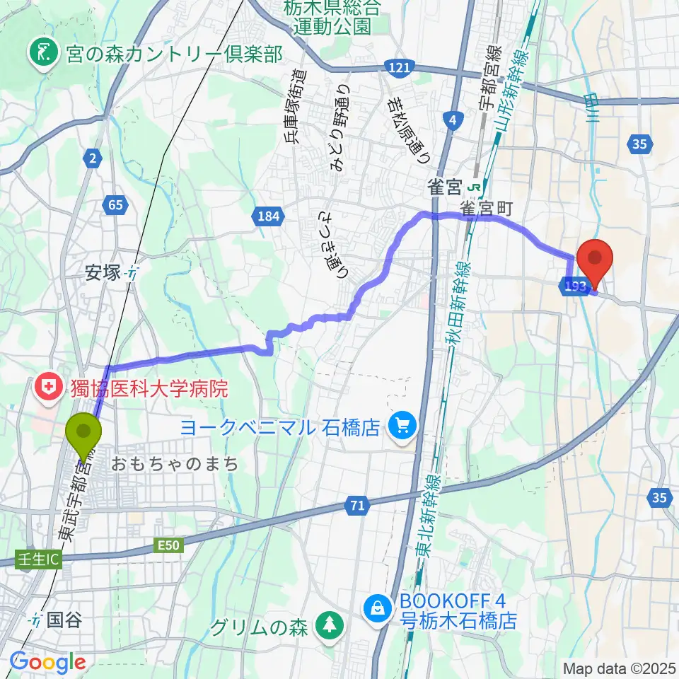 おもちゃのまち駅からくろねこ音楽教室へのルートマップ地図