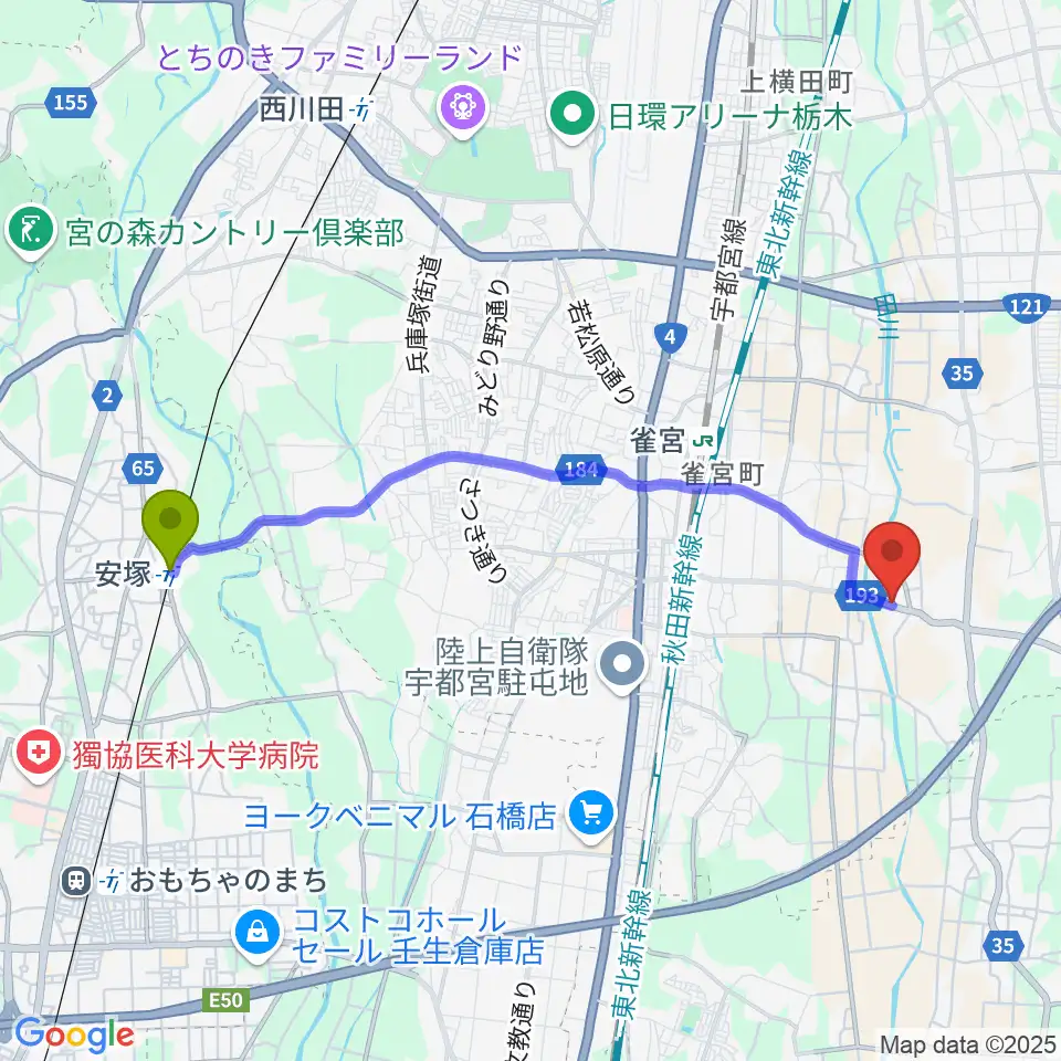 安塚駅からくろねこ音楽教室へのルートマップ地図