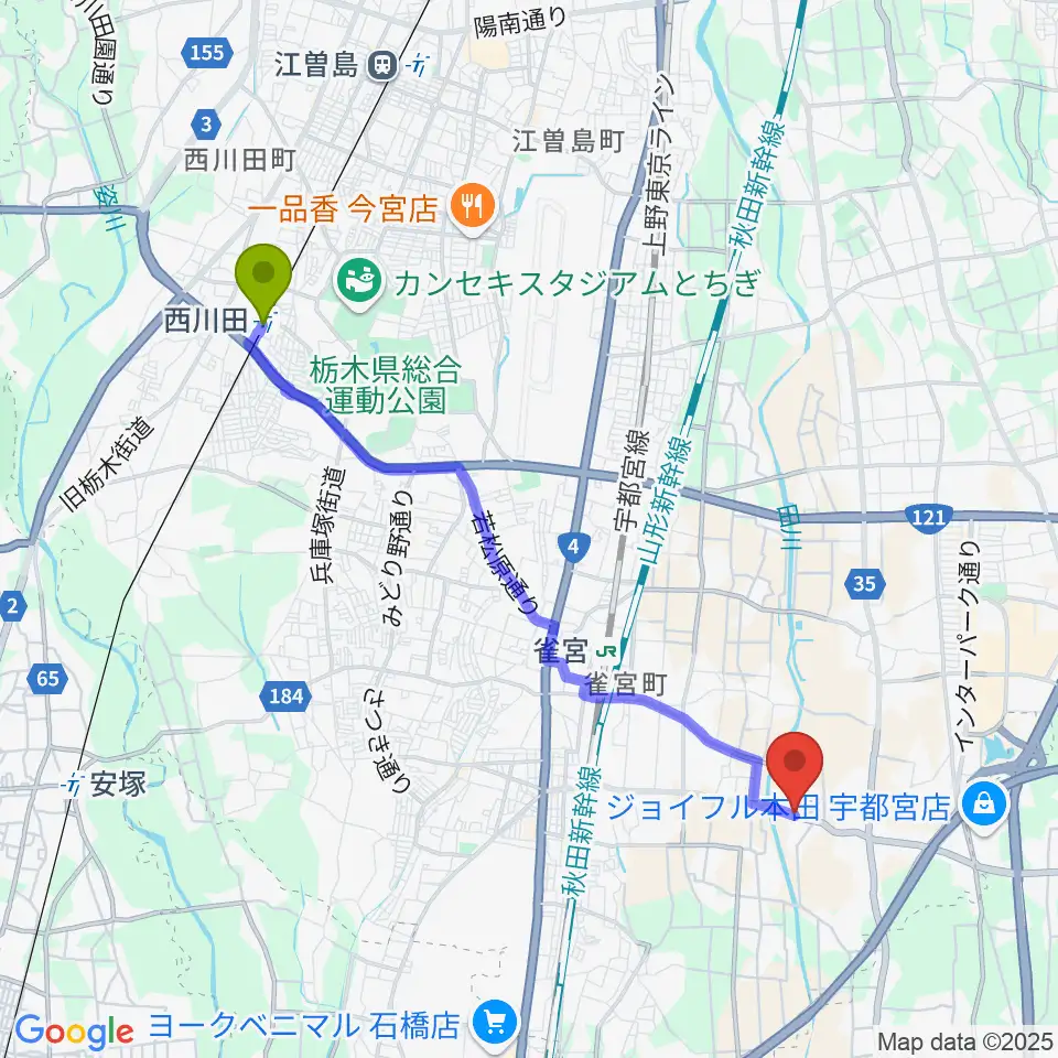 西川田駅からくろねこ音楽教室へのルートマップ地図
