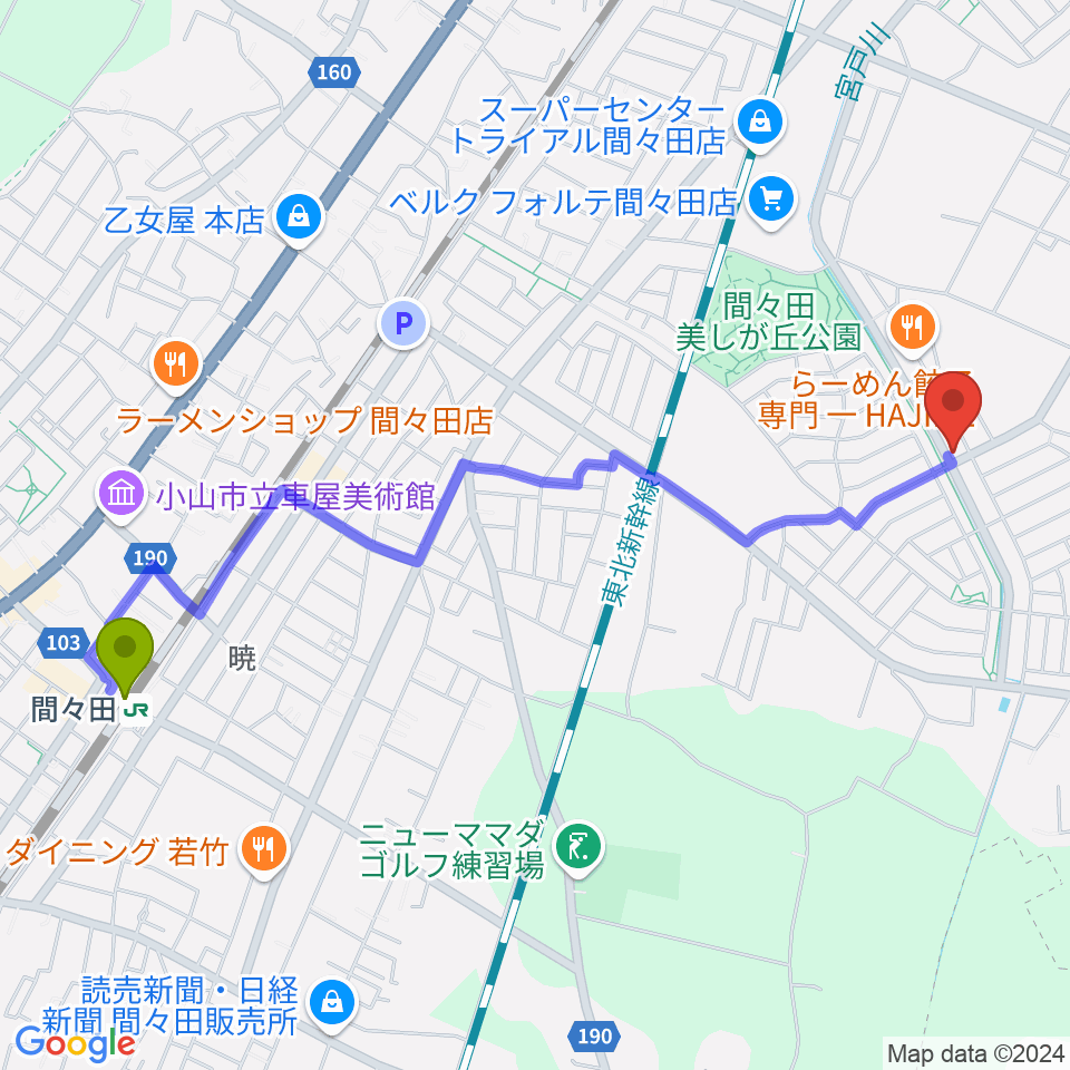 アルスミュージックスクールの最寄駅間々田駅からの徒歩ルート（約25分）地図