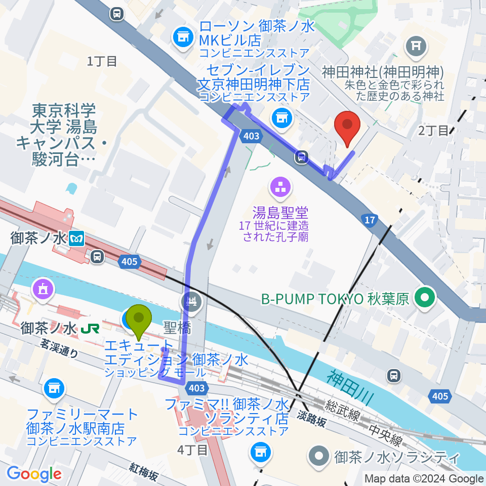 メディア・カームの最寄駅御茶ノ水駅からの徒歩ルート（約5分）地図