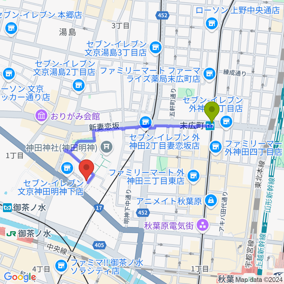 末広町駅からメディア・カームへのルートマップ地図