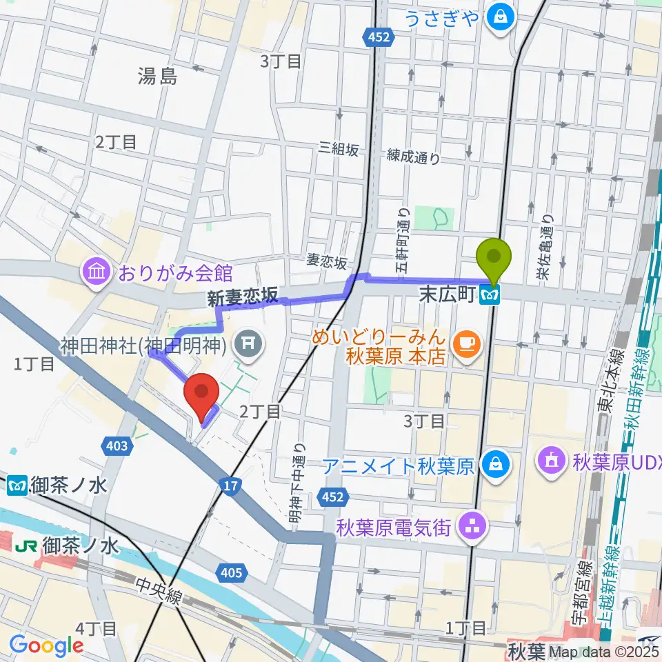末広町駅からメディア・カームへのルートマップ地図